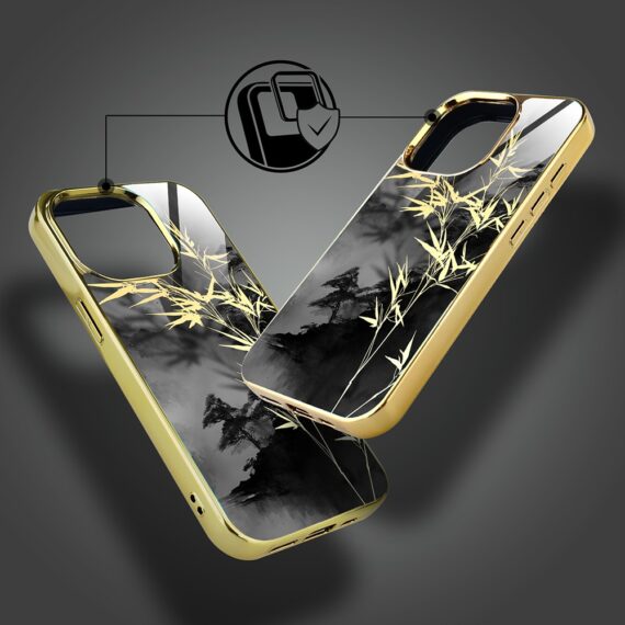 Etui do iPhone 15 Pro, Elite Glass z MagSafe, szklany tył, Złote bambusy, złote (5)