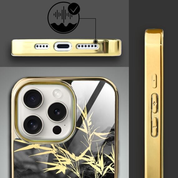 Etui do iPhone 15 Pro, Elite Glass z MagSafe, szklany tył, Złote bambusy, złote (7)