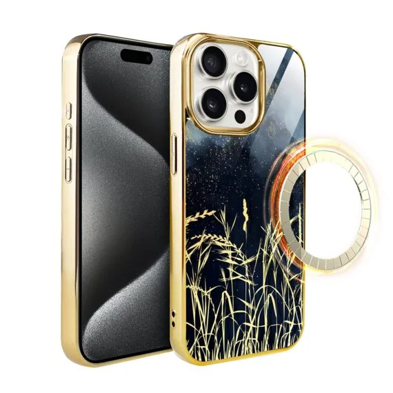 Etui do iPhone 15 Pro, Elite Glass z MagSafe, szklany tył, Złote trawy o zmierzchu, złote (1)
