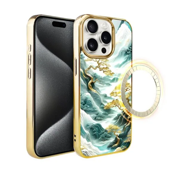 Etui do iPhone 15 Pro, Elite Glass z MagSafe, szklany tył, złote drzewa w stylu japońskim, złote2