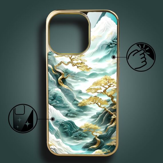 Etui do iPhone 15 Pro, Elite Glass z MagSafe, szklany tył, złote drzewa w stylu japońskim, złote3