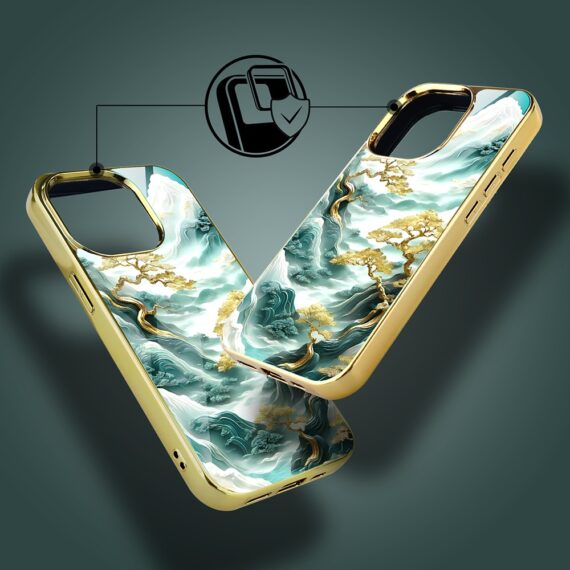 Etui do iPhone 15 Pro, Elite Glass z MagSafe, szklany tył, złote drzewa w stylu japońskim, złote5