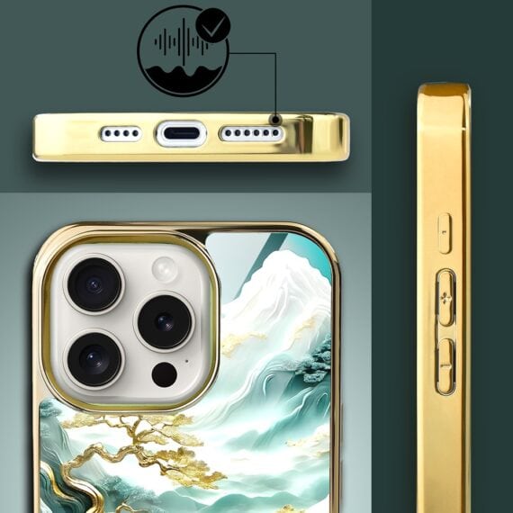 Etui do iPhone 15 Pro, Elite Glass z MagSafe, szklany tył, złote drzewa w stylu japońskim, złote7