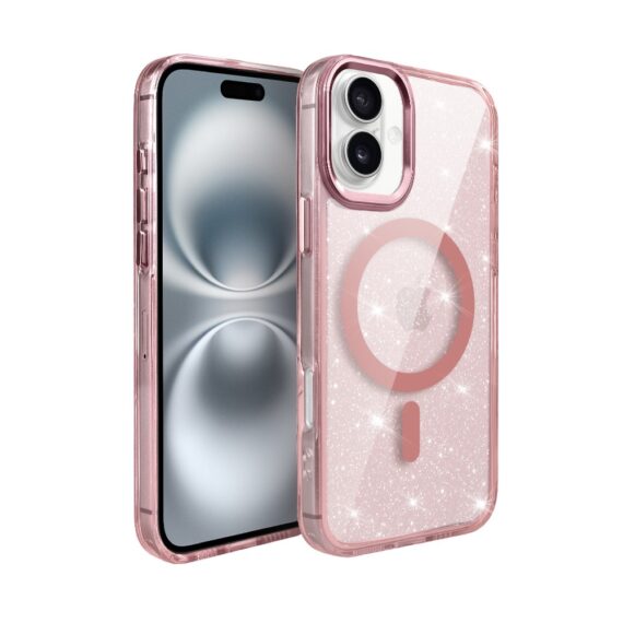 Etui do iPhone 16 Super Hybrid Sparkle z MagSafe, błyszczący, twardy brokatowy tył, metalowe ozdoby, różowe (5)