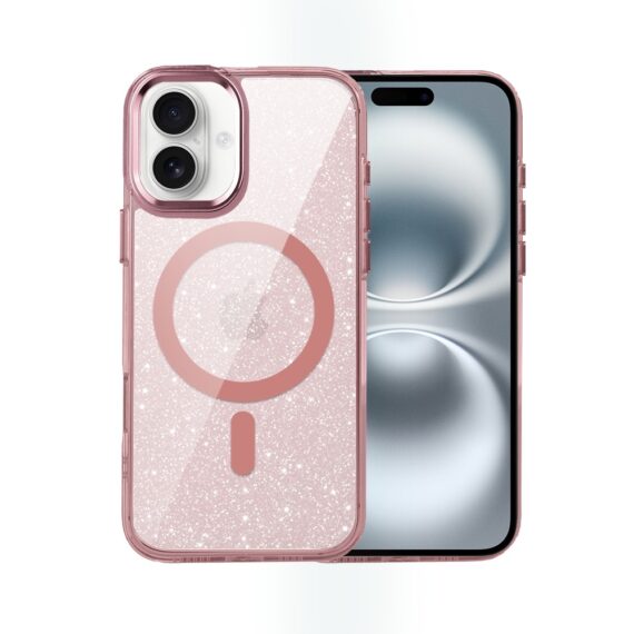 Etui do iPhone 16 Super Hybrid Sparkle z MagSafe, błyszczący, twardy brokatowy tył, metalowe ozdoby, różowe (6)