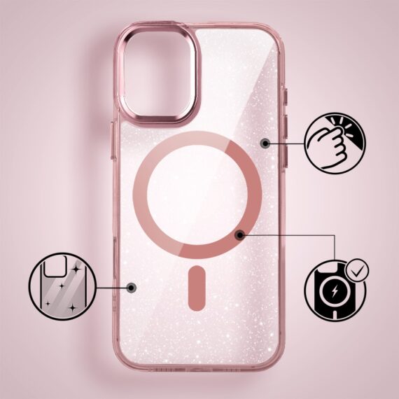 Etui do iPhone 16 Super Hybrid Sparkle z MagSafe, błyszczący, twardy brokatowy tył, metalowe ozdoby, różowe (7)