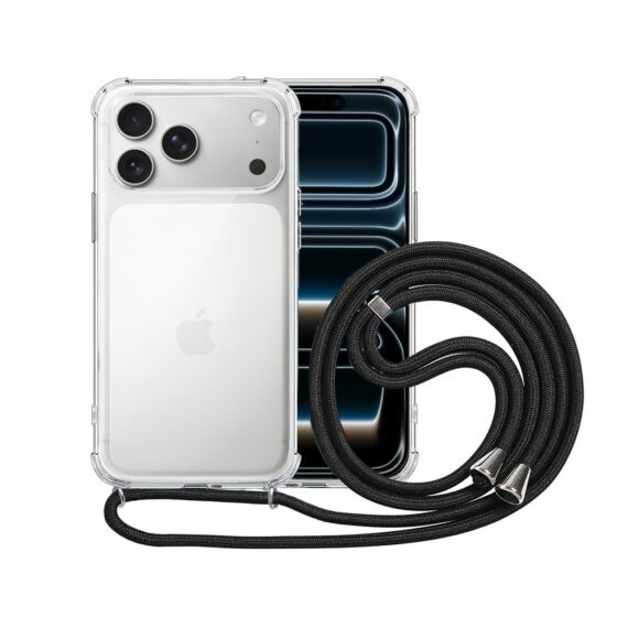 Etui do iPhone 17 Pro Max wzmacniane crossbody z czarną smyczą jak torebka, przeźroczyste poprawione (1)