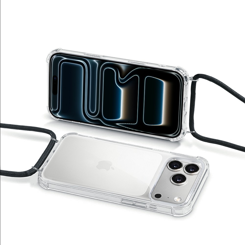 Etui do iPhone 17 Pro Max wzmacniane crossbody z czarną smyczą jak torebka, przeźroczyste poprawione (2)