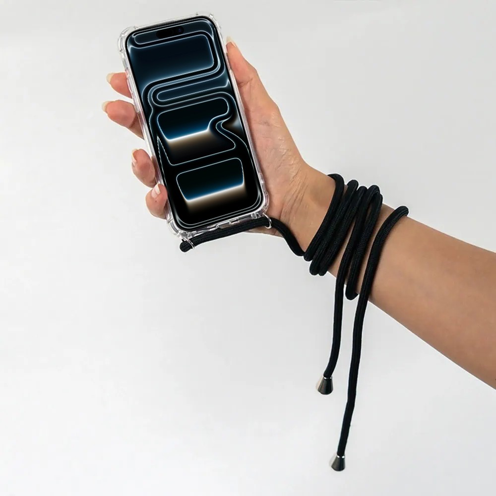 Etui do iPhone 17 Pro Max wzmacniane crossbody z czarną smyczą jak torebka, przeźroczyste poprawione (3)