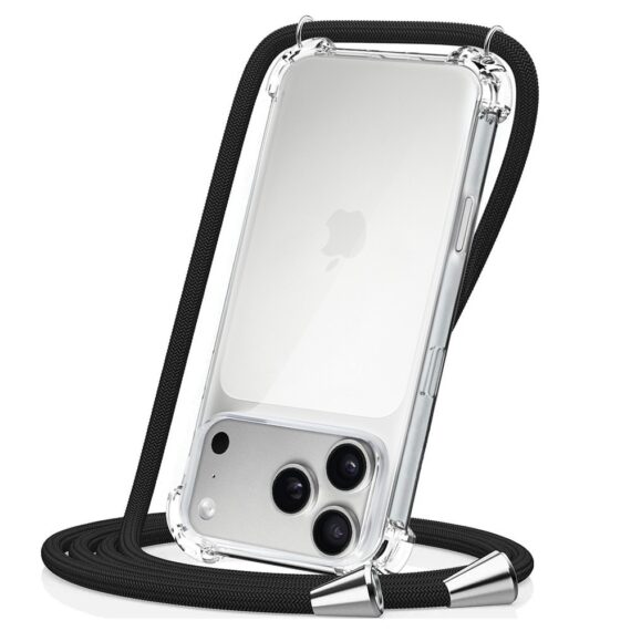 Etui do iPhone 17 Pro Max wzmacniane crossbody z czarną smyczą jak torebka, przeźroczyste poprawione (5)