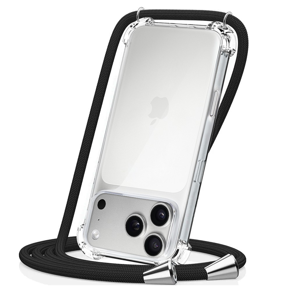 Etui do iPhone 17 Pro Max wzmacniane crossbody z czarną smyczą jak torebka, przeźroczyste poprawione (5)