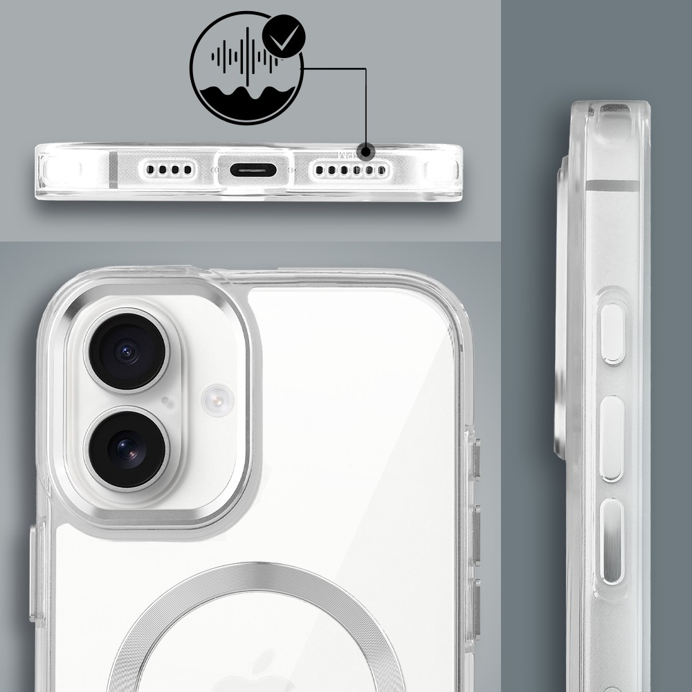Etui do iPhone 17 Super Hybrid z MagSafe, twardy tył, metalowe ozdoby, srebrne (3)