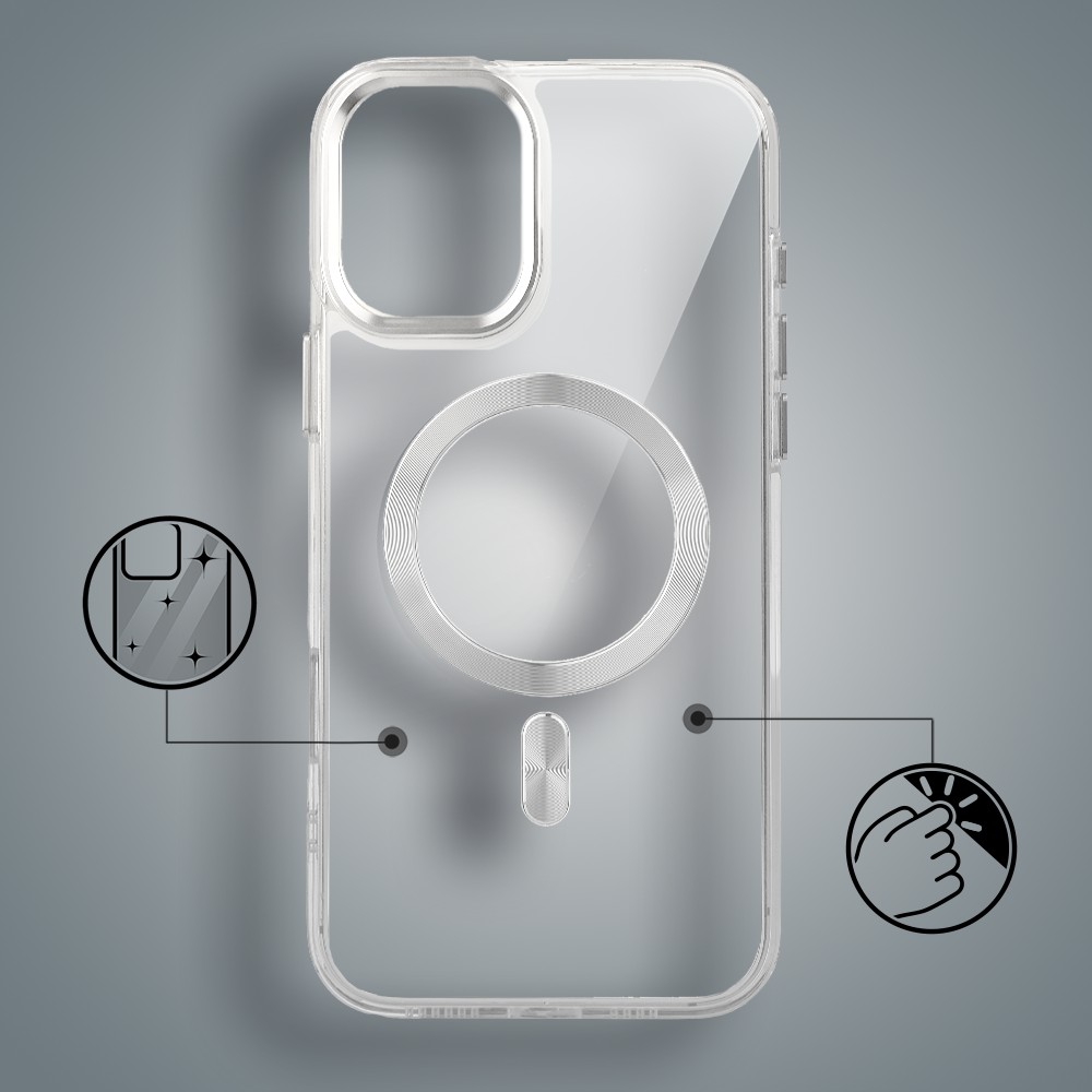 Etui do iPhone 17 Super Hybrid z MagSafe, twardy tył, metalowe ozdoby, srebrne (8)