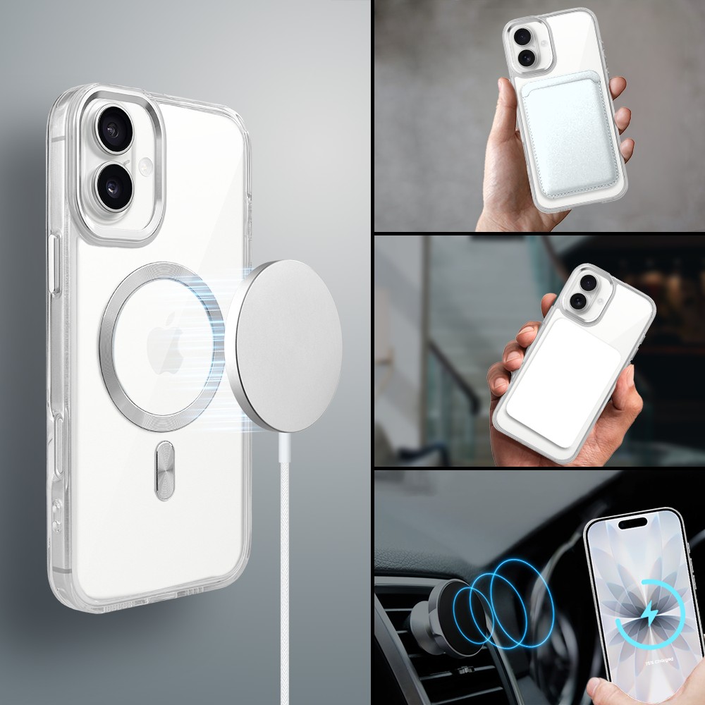 Etui do iPhone 17 Super Hybrid z MagSafe, twardy tył, metalowe ozdoby, srebrne (9)