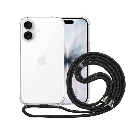 Etui do iPhone 17 wzmacniane crossbody z czarną smyczą jak torebka, przeźroczyste (1)