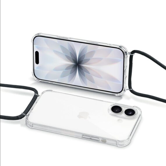 Etui do iPhone 17 wzmacniane crossbody z czarną smyczą jak torebka, przeźroczyste (2)