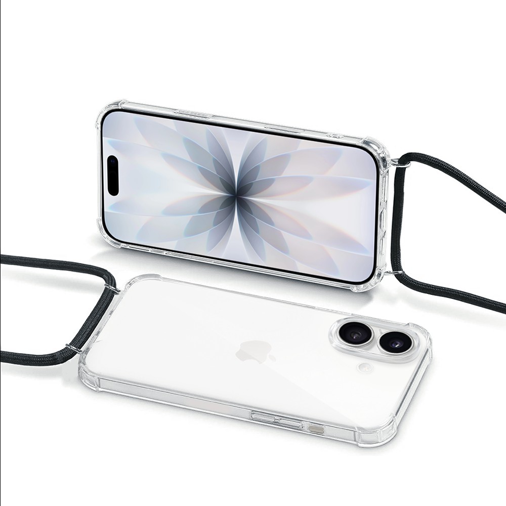 Etui do iPhone 17 wzmacniane crossbody z czarną smyczą jak torebka, przeźroczyste (2)
