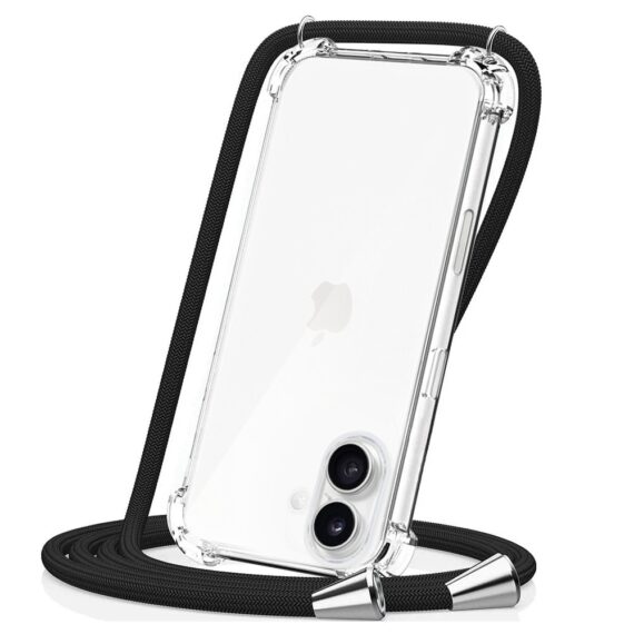 Etui do iPhone 17 wzmacniane crossbody z czarną smyczą jak torebka, przeźroczyste (3)