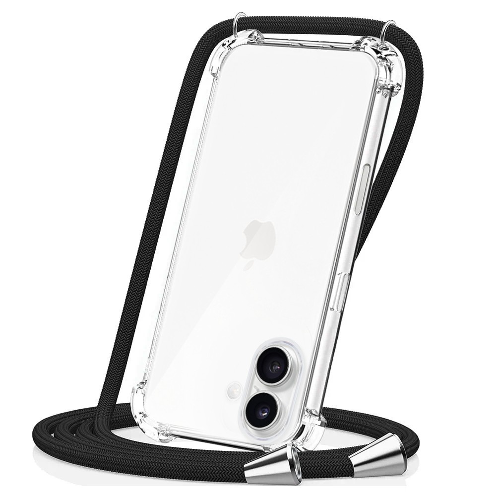 Etui do iPhone 17 wzmacniane crossbody z czarną smyczą jak torebka, przeźroczyste (3)