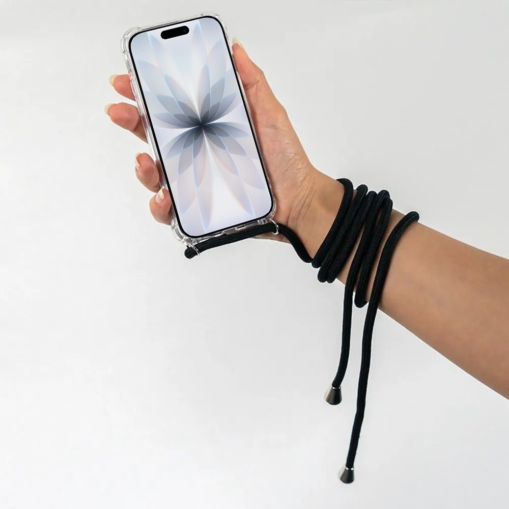 Etui do iPhone 17 wzmacniane crossbody z czarną smyczą jak torebka, przeźroczyste (4)