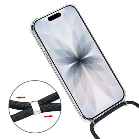 Etui do iPhone 17 wzmacniane crossbody z czarną smyczą jak torebka, przeźroczyste (5)