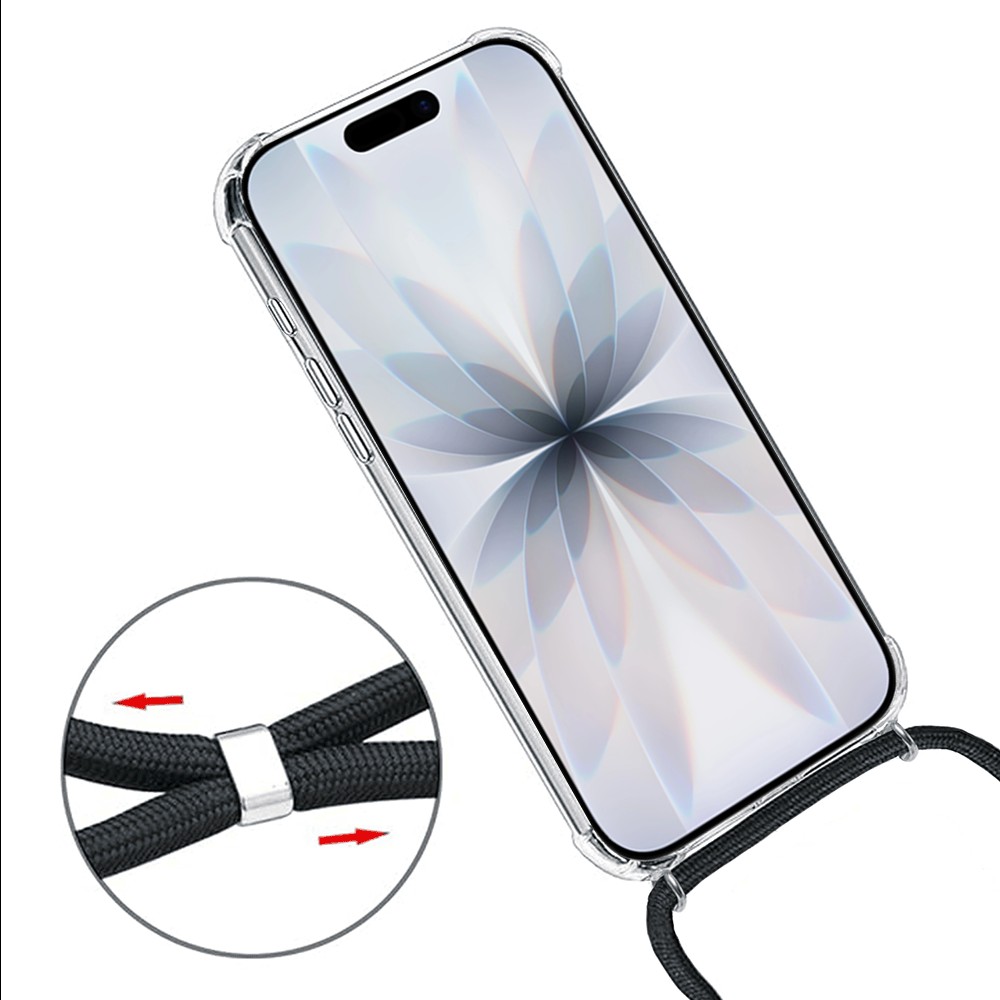Etui do iPhone 17 wzmacniane crossbody z czarną smyczą jak torebka, przeźroczyste (5)