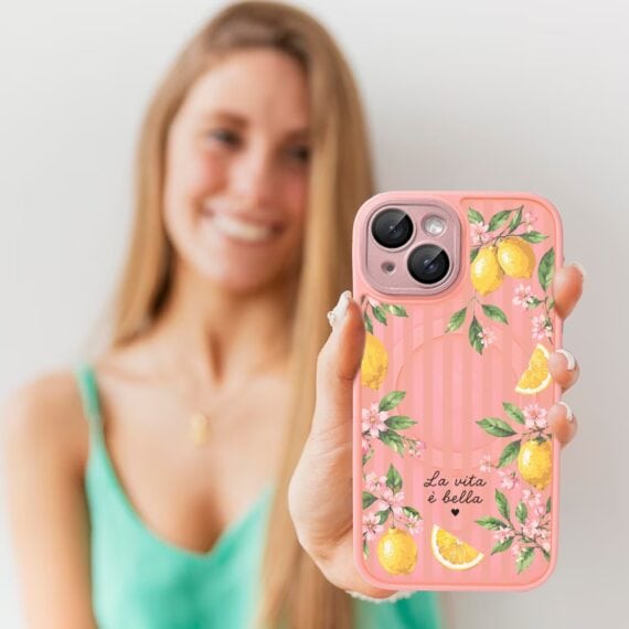 Etui do iPhone 13 Color Flush z MagSafe, z osłoną aparatu, włoskie limone, różowe (1)