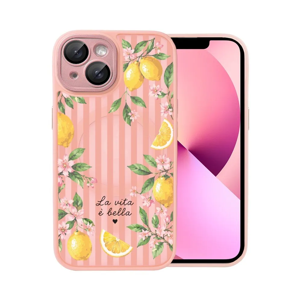 Etui do iPhone 13 Color Flush z MagSafe, z osłoną aparatu, włoskie limone, różowe