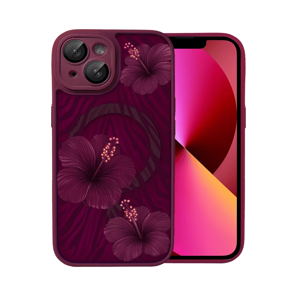 Etui do iPhone 13, Color Flush z Magsafe, z osłoną aparatu, egzotyczny hibiskus, wiśniowe