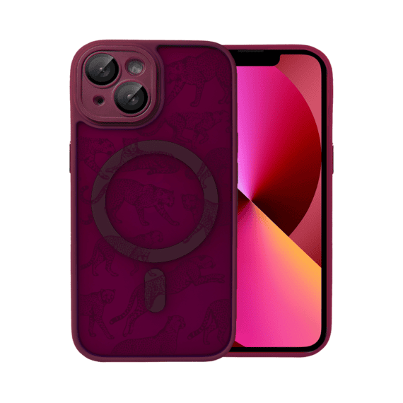 Etui do iPhone 13, Color Flush z Magsafe, z osłoną aparatu, wesołe gepardy, wiśniowe (6)