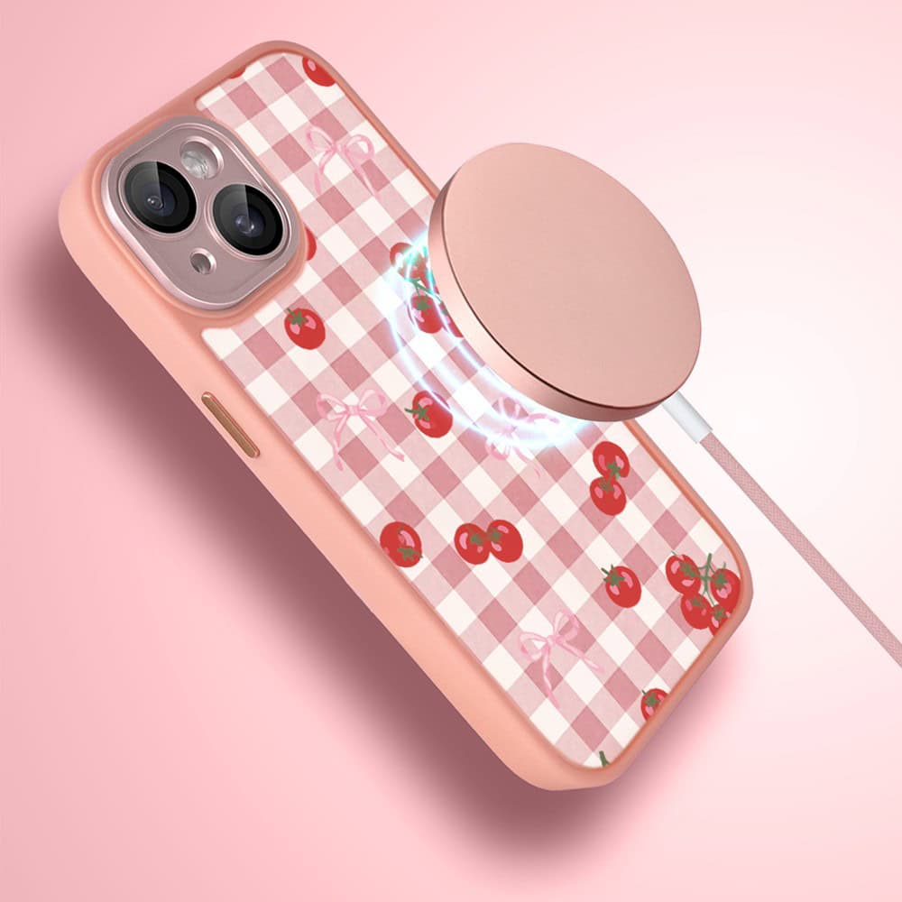 Etui do iPhone 14 Color Flush z MagSafe, z osłoną aparatu, kratka pomodoro, różowe (1)
