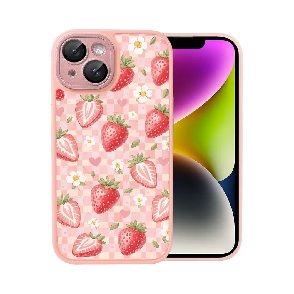 Etui do iPhone 14 Color Flush z MagSafe, z osłoną aparatu, truskawkowy piknik, różowe