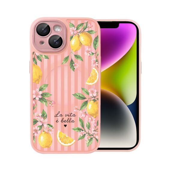 Etui do iPhone 14 Color Flush z MagSafe, z osłoną aparatu, włoskie limone, różowe (3)