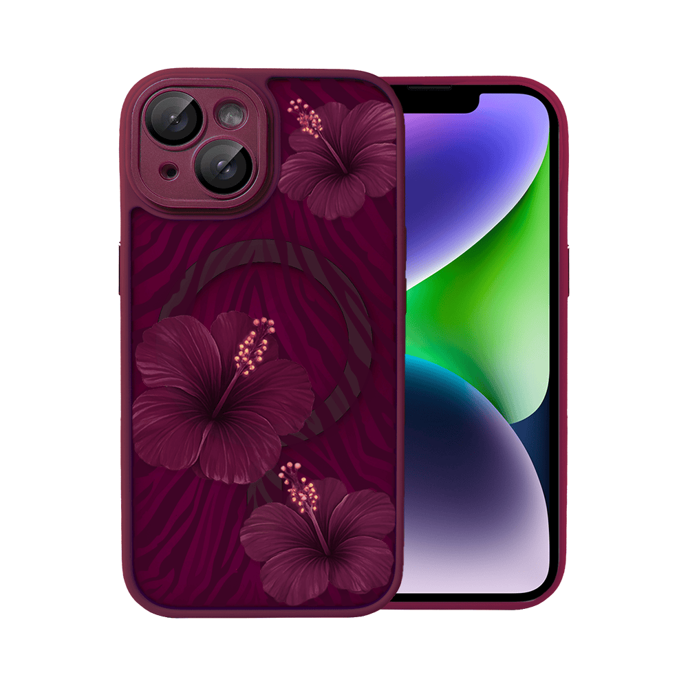 Etui do iPhone 14, Color Flush z Magsafe, z osłoną aparatu, egzotyczny hibiskus, wiśniowe