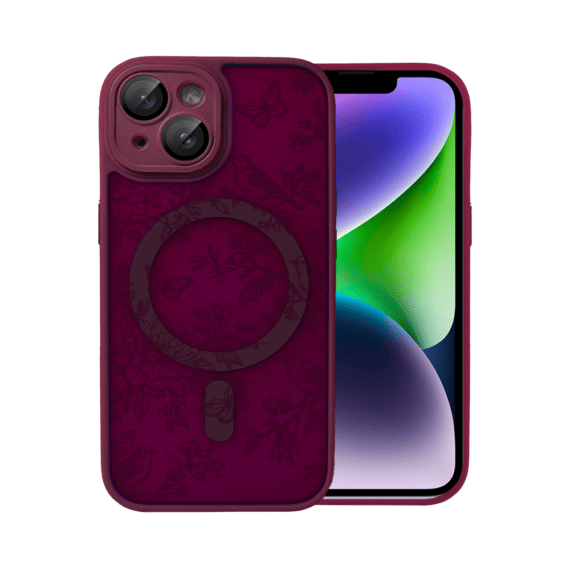 Etui do iPhone 14, Color Flush z Magsafe, z osłoną aparatu, nocna botanika, wiśniowe (5)