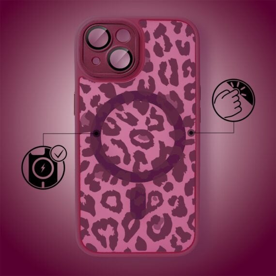 Etui do iPhone 14, Color Flush z Magsafe, z osłoną aparatu, subtelna panterka, wiśniowe (1)