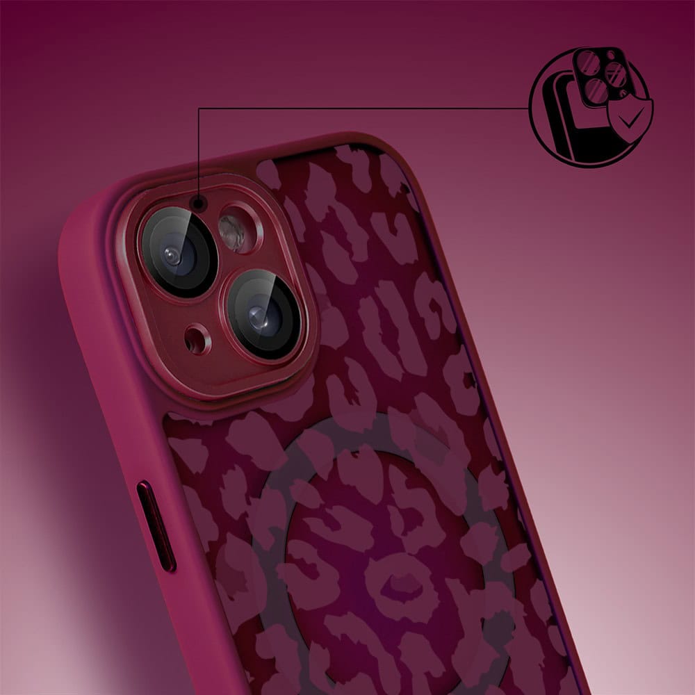 Etui do iPhone 14, Color Flush z Magsafe, z osłoną aparatu, subtelna panterka, wiśniowe (4)