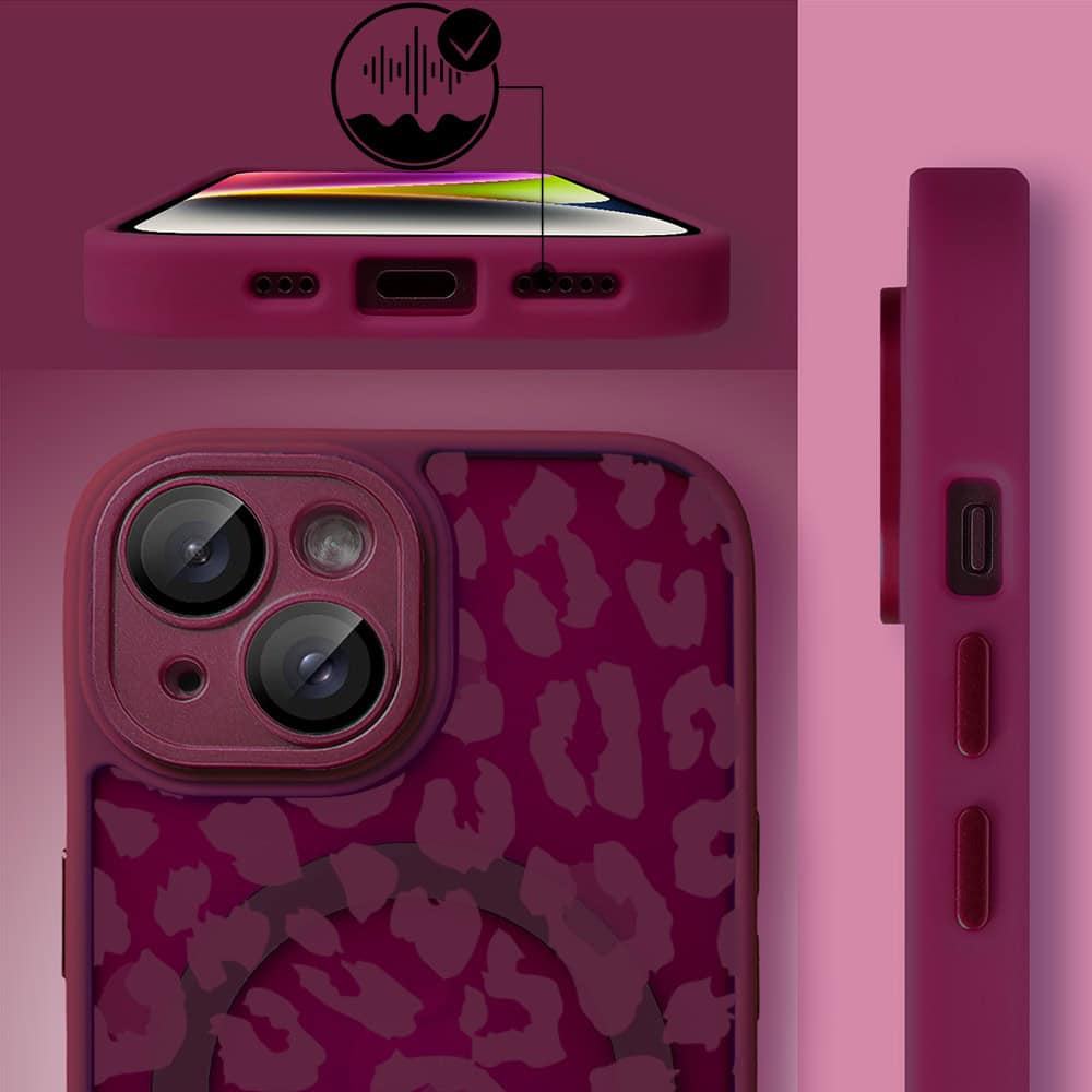 Etui do iPhone 14, Color Flush z Magsafe, z osłoną aparatu, subtelna panterka, wiśniowe (5)