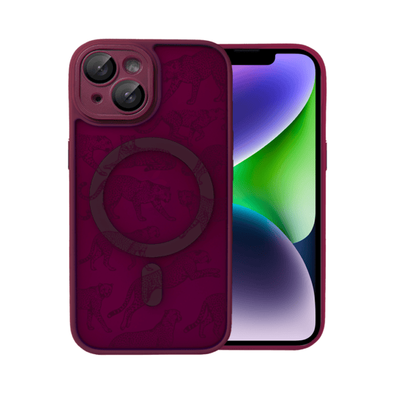 Etui do iPhone 14, Color Flush z Magsafe, z osłoną aparatu, wesołe gepardy, wiśniowe (6)