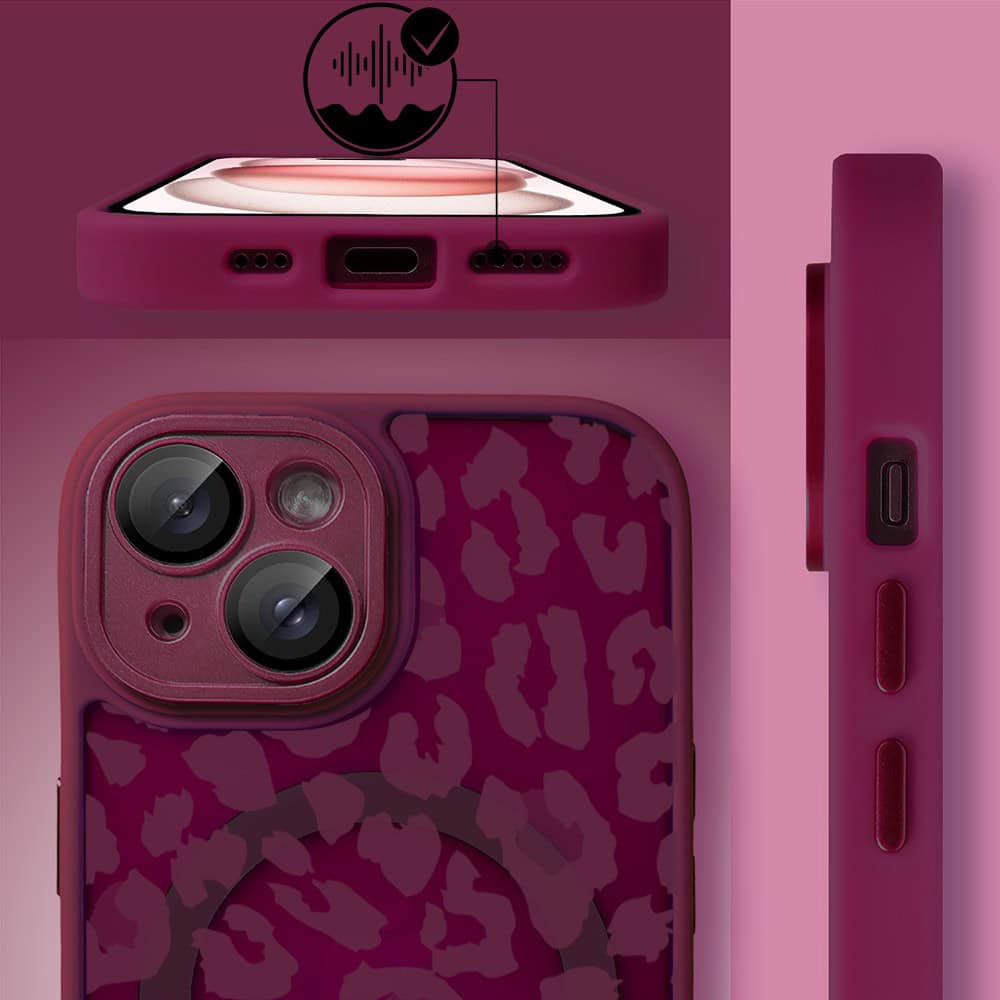 Etui do iPhone 15, Color Flush z Magsafe, z osłoną aparatu, subtelna panterka, wiśniowe (2)