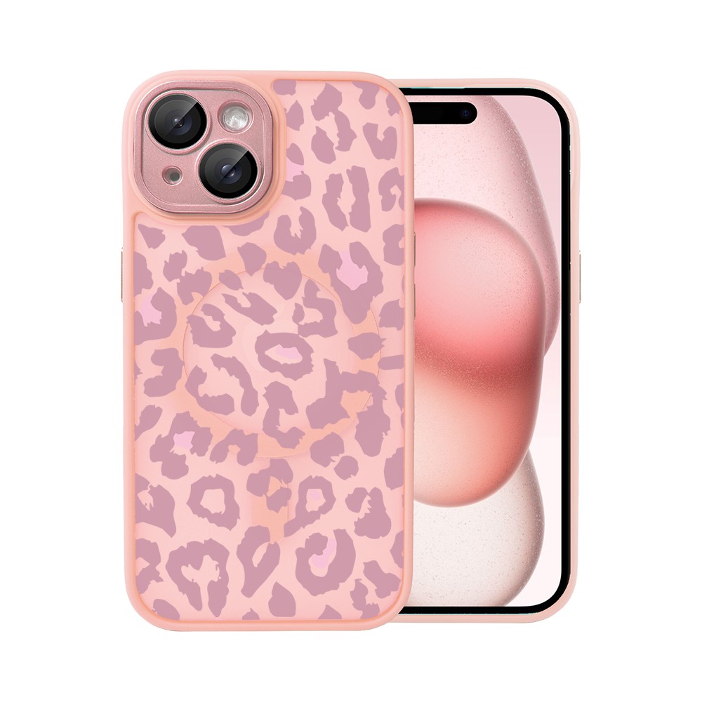 Etui do iPhone 15 Color Flush z MagSafe, z osłoną aparatu, subtelna panterka, różowe
