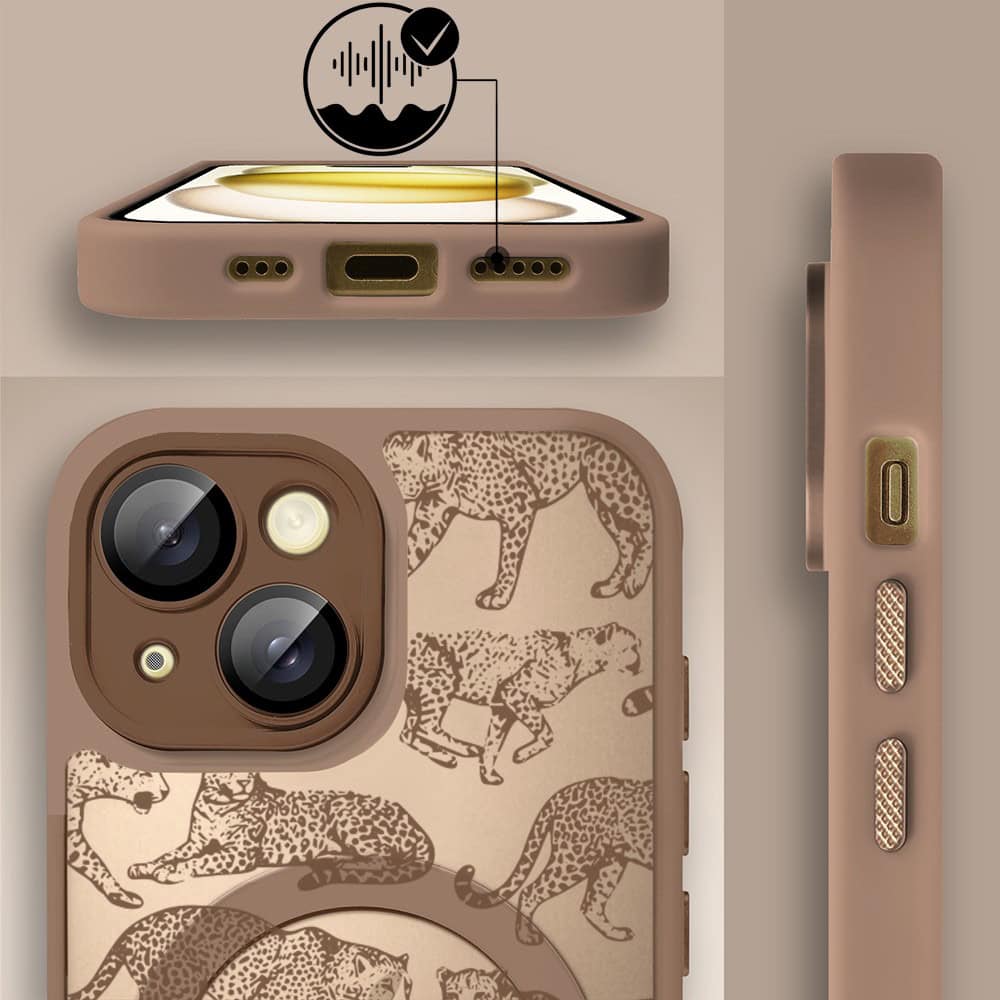 Etui do iPhone 15 Plus Color Flush z MagSafe, z osłoną aparatu, wesołe gepardy, pustynny brąz (6)