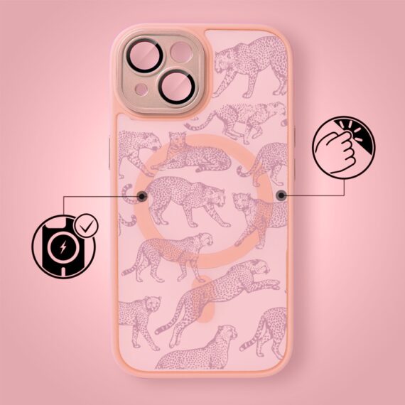 Etui do iPhone 15 Plus Color Flush z MagSafe, z osłoną aparatu, wesołe gepardy, różowe (1)