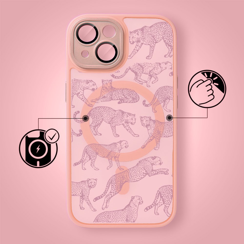 Etui do iPhone 15 Plus Color Flush z MagSafe, z osłoną aparatu, wesołe gepardy, różowe (1)