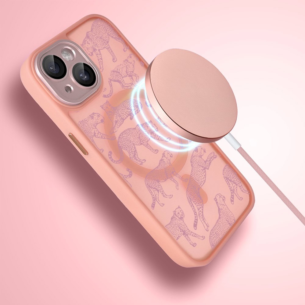 Etui do iPhone 15 Plus Color Flush z MagSafe, z osłoną aparatu, wesołe gepardy, różowe (2)