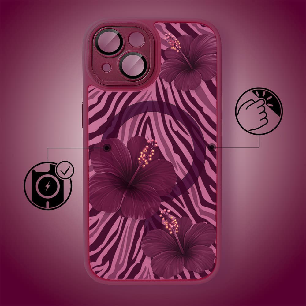Etui do iPhone 15 Plus, Color Flush z Magsafe, z osłoną aparatu, egzotyczny hibiskus, wiśniowe (1)