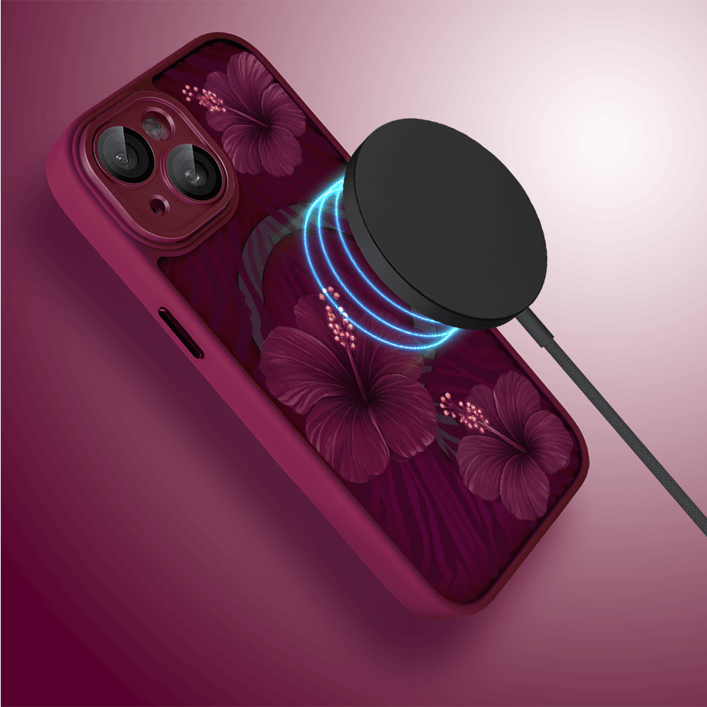 Etui do iPhone 15 Plus, Color Flush z Magsafe, z osłoną aparatu, egzotyczny hibiskus, wiśniowe (2)
