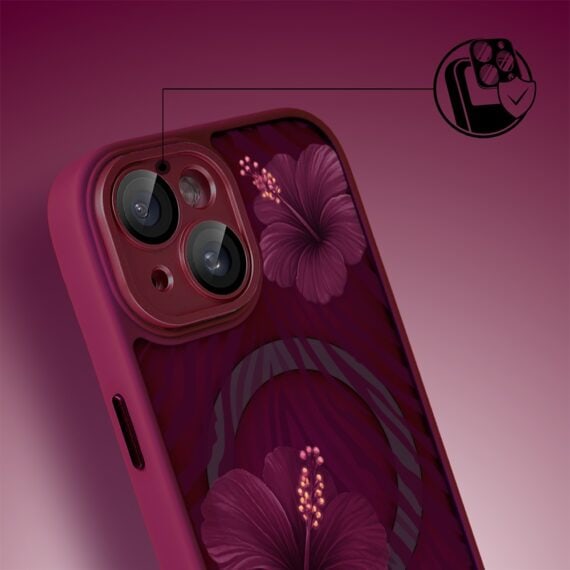 Etui do iPhone 15 Plus, Color Flush z Magsafe, z osłoną aparatu, egzotyczny hibiskus, wiśniowe (4)