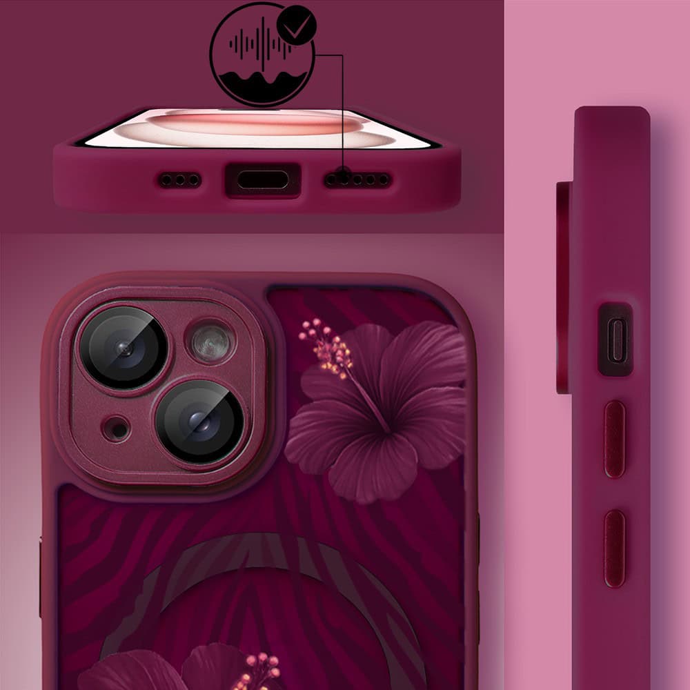 Etui do iPhone 15 Plus, Color Flush z Magsafe, z osłoną aparatu, egzotyczny hibiskus, wiśniowe (5)
