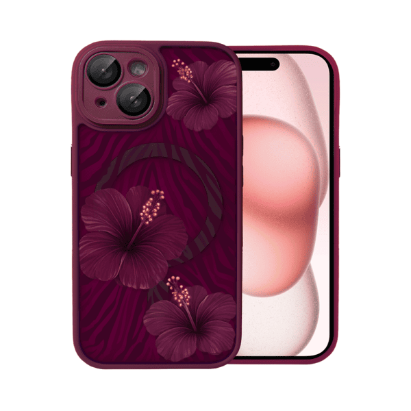Etui do iPhone 15, Color Flush z Magsafe, z osłoną aparatu, egzotyczny hibiskus, burgundowe